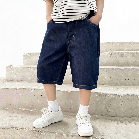 FRSASU Summer Boys Casual Denim Shorts Fashion Solid Color Thin Loose Baggy Jeans Relaxed Fit with Multi-Pocket Streetwear Blue