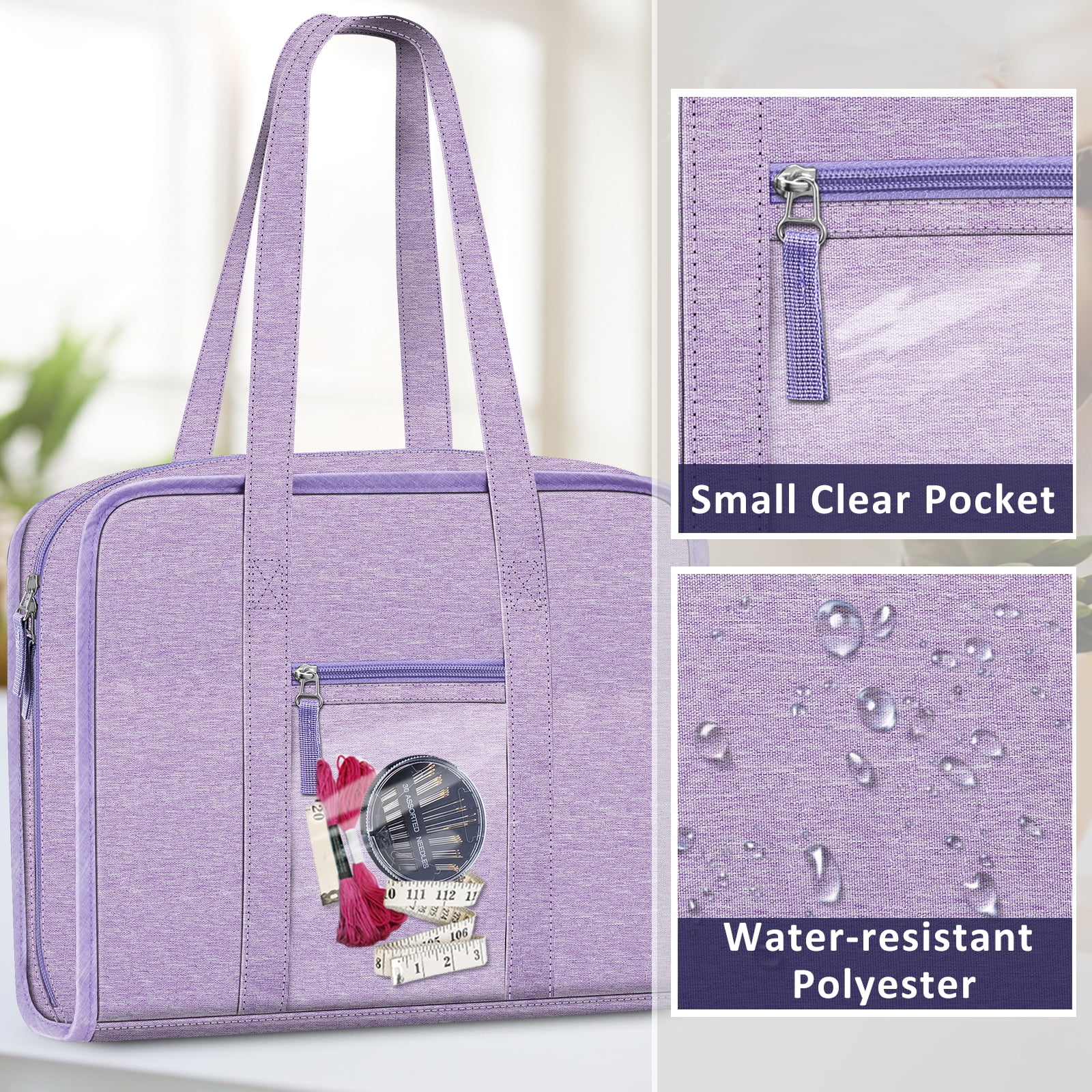 FINPAC Sewing and Craft Supplies Storage Tote, Large Capacity Travel Packing Organizer Bag with Clear Pockets and Handle for Knitting, Crochet, Art, Sewing Accessories, Lavender