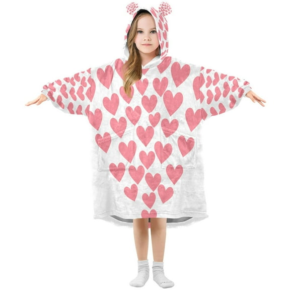 Pink Heart Wearable Blankets Hoodie Oversize Sherpa Wearable Soft Blanket Warm Cozy 3-14 Age