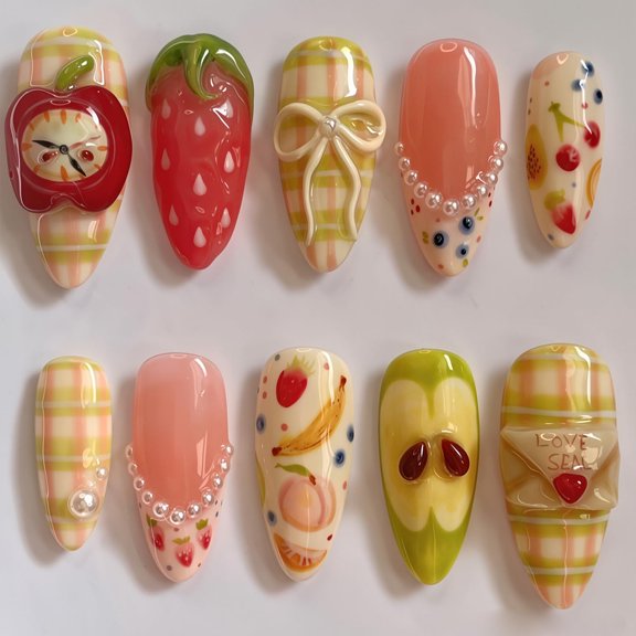SELVORIA 30Pcs Summer Fruit French Tip Press on Nails Medium Almond Fake Nails with Pearl Designs Cute 3D Strawberry Bow False Nails Bananas Peach Cherry Acrylic Nail Summer Full Cover Glue on Nails