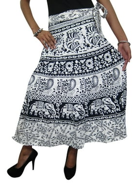 Mogul Women's Wrap Skirt Black & White Printed Cotton Wraparound Indian Long Skirts