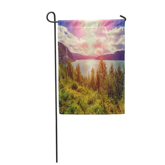 POGLIP Blue Arctic View at Fjord Sunset Light Rocky Beach Wilderness Norway Autumn Garden Flag Decorative Flag House Banner 12x18 inch