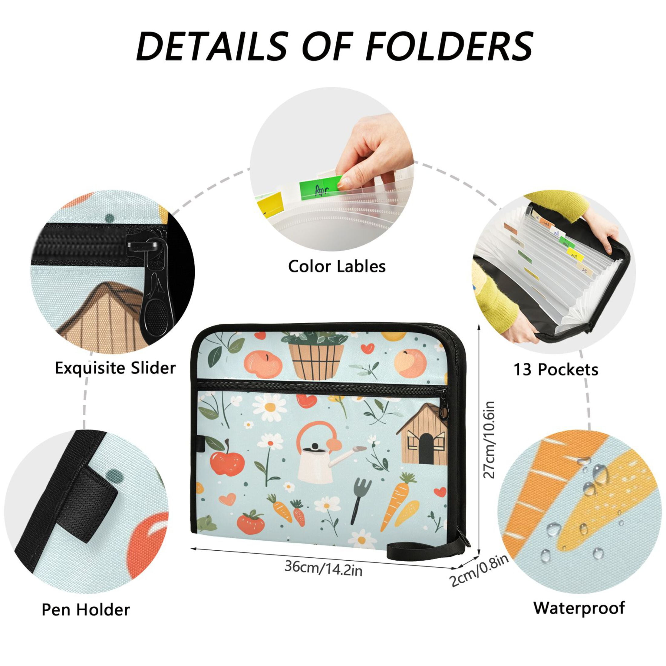WOBOGO Log Cabin Apple Carrot Pattern Expanding File Folder Letter Size Accordion Filing Organizer 13 Pocket Separate Organ Pocket