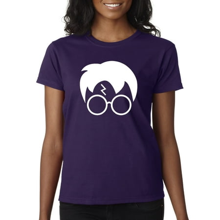Trendy USA 843 - Women's T-Shirt Harry Potter Hair Glasses Lightning Bolt Large Purple