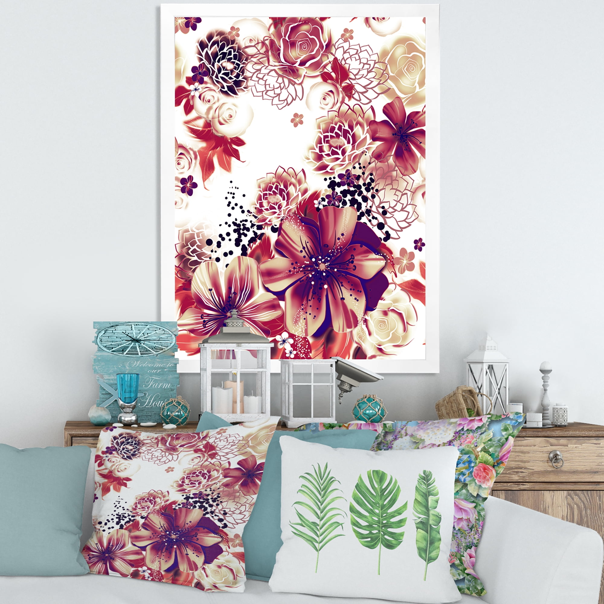 Designart 'Yellow and Pink Flowers Retro' Traditional Framed Art Print