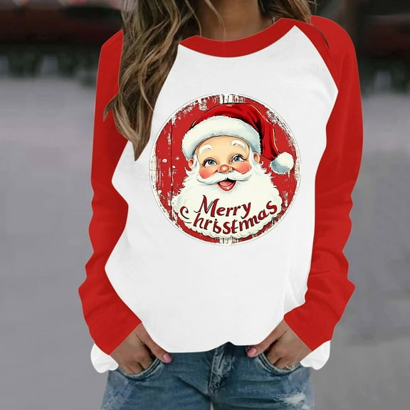 asdoklhq Christmas Crewneck Sweatshirts Women Casual Christmas Printed Long-sleeved Round-neck Raglan Sweater Red XL