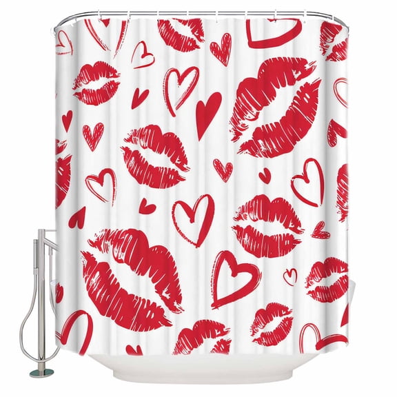 Kiss Marks Bathroom Shower Curtains with 12 Hooks Polyester Waterproof Shower Curtain for Stalls and Bathtubs Valentine's Day Lips Print Love Red Vintage Decorative Bathroom Curtain 72x72 Inches
