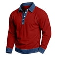 thumbnail image 2 of Mens Long Sleeve Polo Shirts Lapel Collar Button Pullover Color Block Denim Patchwork Lightweight Trendy Daily Casual Shirt Red XXL, 2 of 8