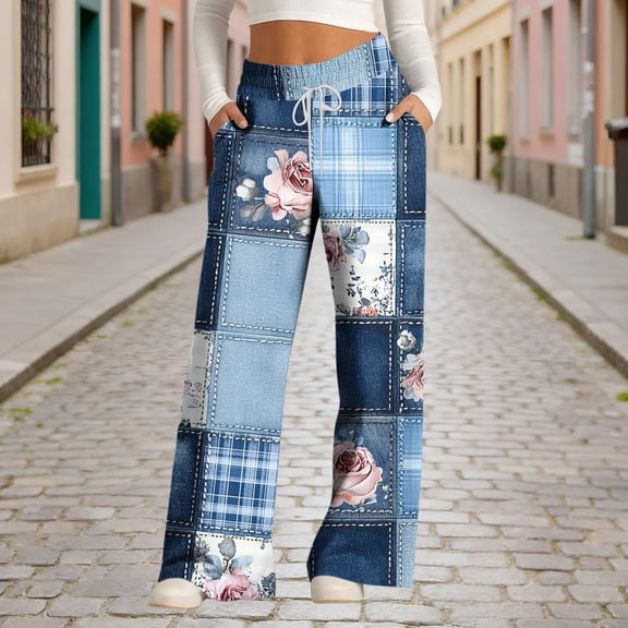 Haivin Women's Wide Leg Pants, Stylish Loose-Fitting with All-Over Print and Drawstring Waist, for Casual Wear and Daily Activities