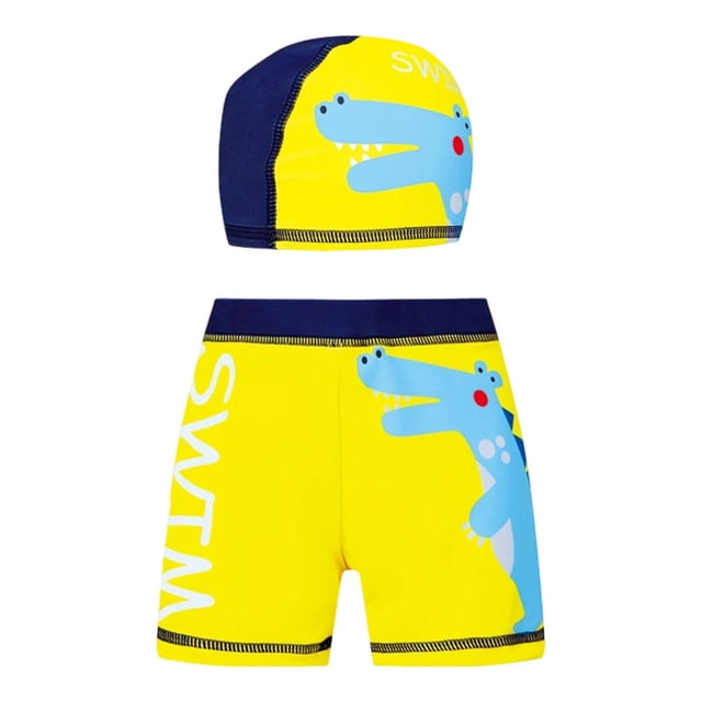 GDREDA Boys Swim Trunks Set With Matching Cap For Youth Summer Beach Pool Activities Comfortable Swimwear Yellow,8-9 Years