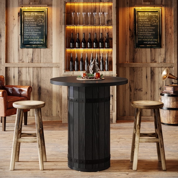 Finmind Round Bar Table, 39.4-inch Tall Counter Height Home Bar Unit, High Top Bistro Pub Table for Kitchen, Living Room, Black (Only Table)