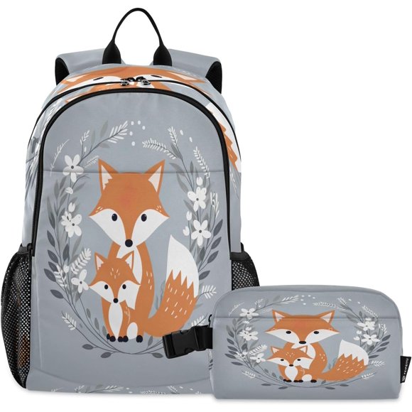 Floral Fox School Backpack for Boys and Girls Lightweighted Backpack and Lunch Bag Set Book Bag for School Travel Work