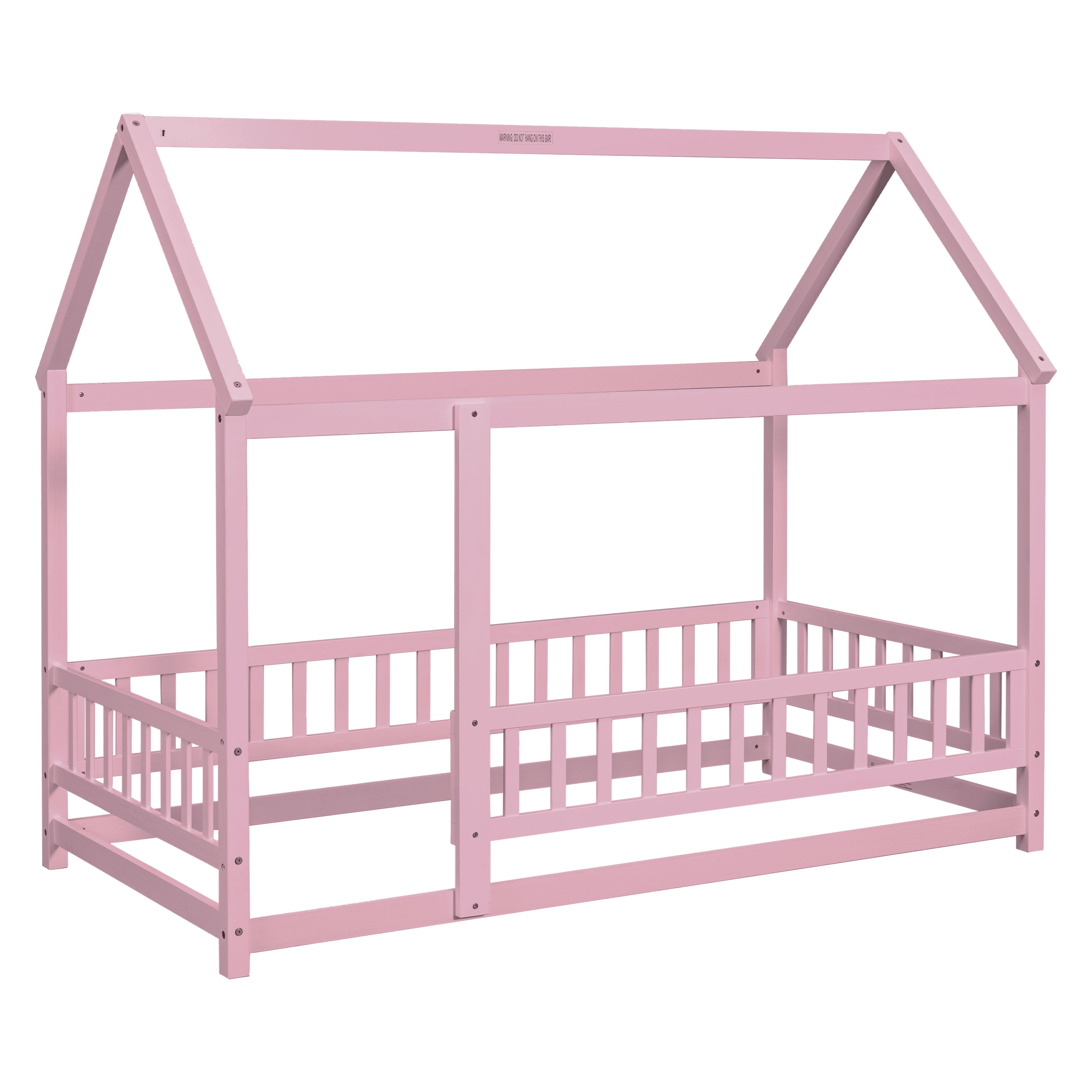 Miniyam Kids Twin Montessori House Floor Bed with Fence, Wood Roof Frame, Pink