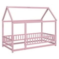 thumbnail image 3 of Miniyam Wood Twin Size Floor House Bed with Fence for Kids, Pink, 3 of 7