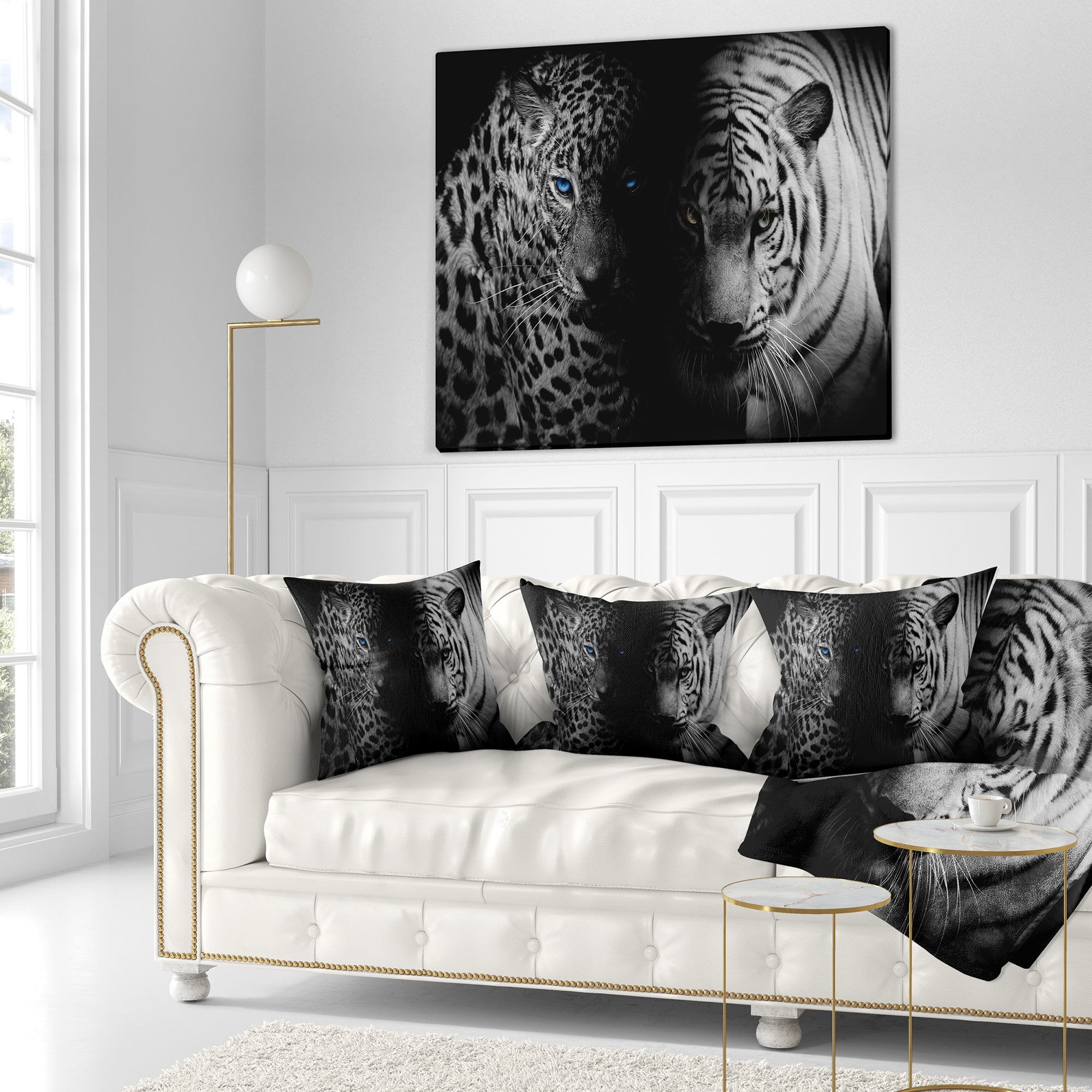 Designart Leopard and Tiger in Black - Animal Throw Pillow - 18x18