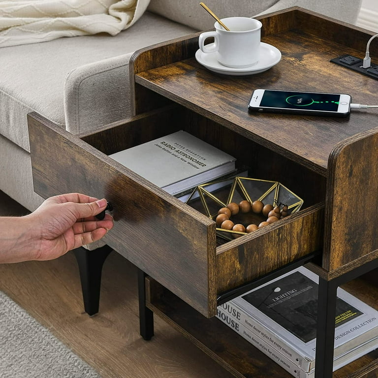 Alohappy Nightstand with Charging Station and USB Ports Rustic Side End Table with Drawer and Open Storage Shelf Wood Bedside Table for Bed Room