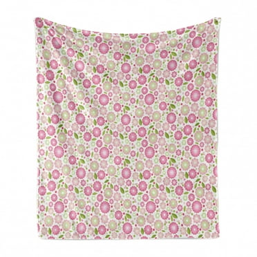Flower Soft Flannel Fleece Blanket, Pastel Toned Feminine Romantic Petals with Leaves Shabby Spring Elements, Cozy Plush for Indoor and Outdoor Use, 50" x 70", Blush Pink Lime Green, by Ambesonne