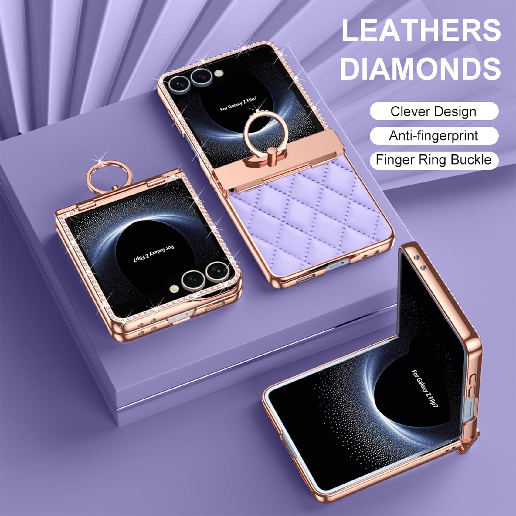 for Samsung Galaxy Z Flip 7 Case Hinge Protection with Finger Ring Holder, Premium PU Leather Hybrid PC All-Inclusive Diamond Bling Phone Case for Samsung Galaxy Z Flip 7 5G, Purple
