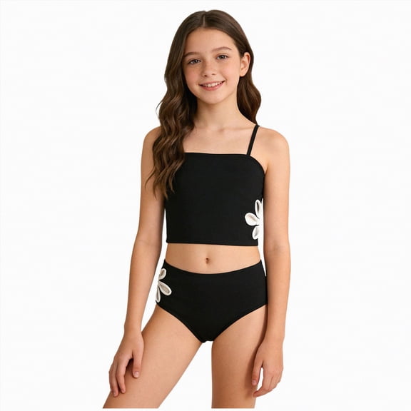 CAICJ98 Girls Swimsuit Adjustable Straps Cut Out Swimwear 2 Piece Solid Color Tankini for Girls Bathing Suit (Black,9-10 Years)