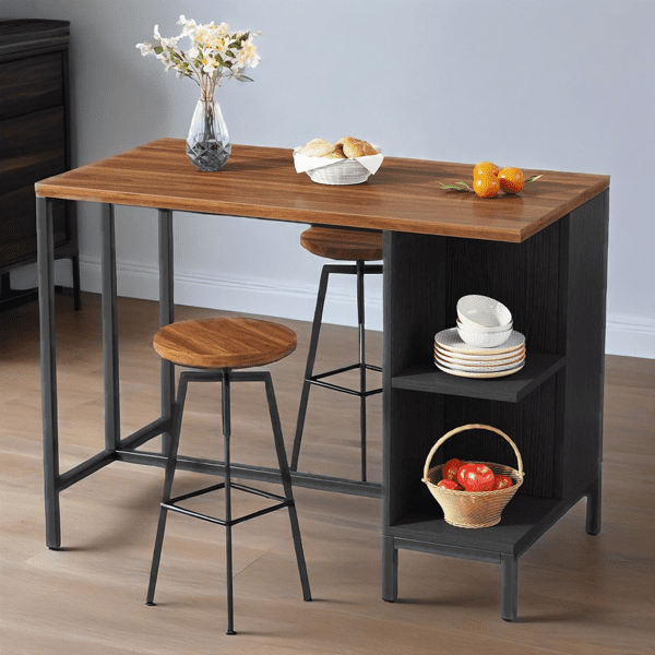 Kitchen Island with 5 Open Shelves - Rustic Walnut Grain Top, Matte Black Steel Frame, Versatile Storage for Small Spaces