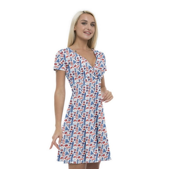 Women’s A Line London Summer Dress, Retro Triangle Arrangement, Cross Wrap V Neck, 6 Sizes, by Ambesonne