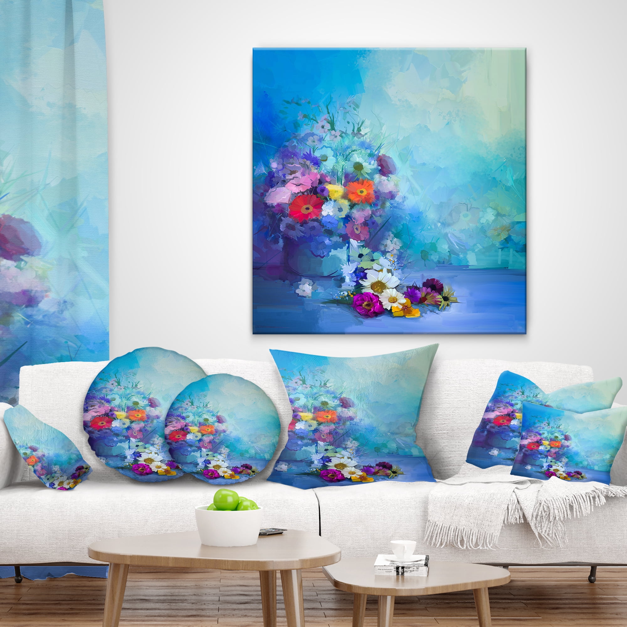 Designart Little Flowers on Blue Background - Floral Throw Pillow - 16x16