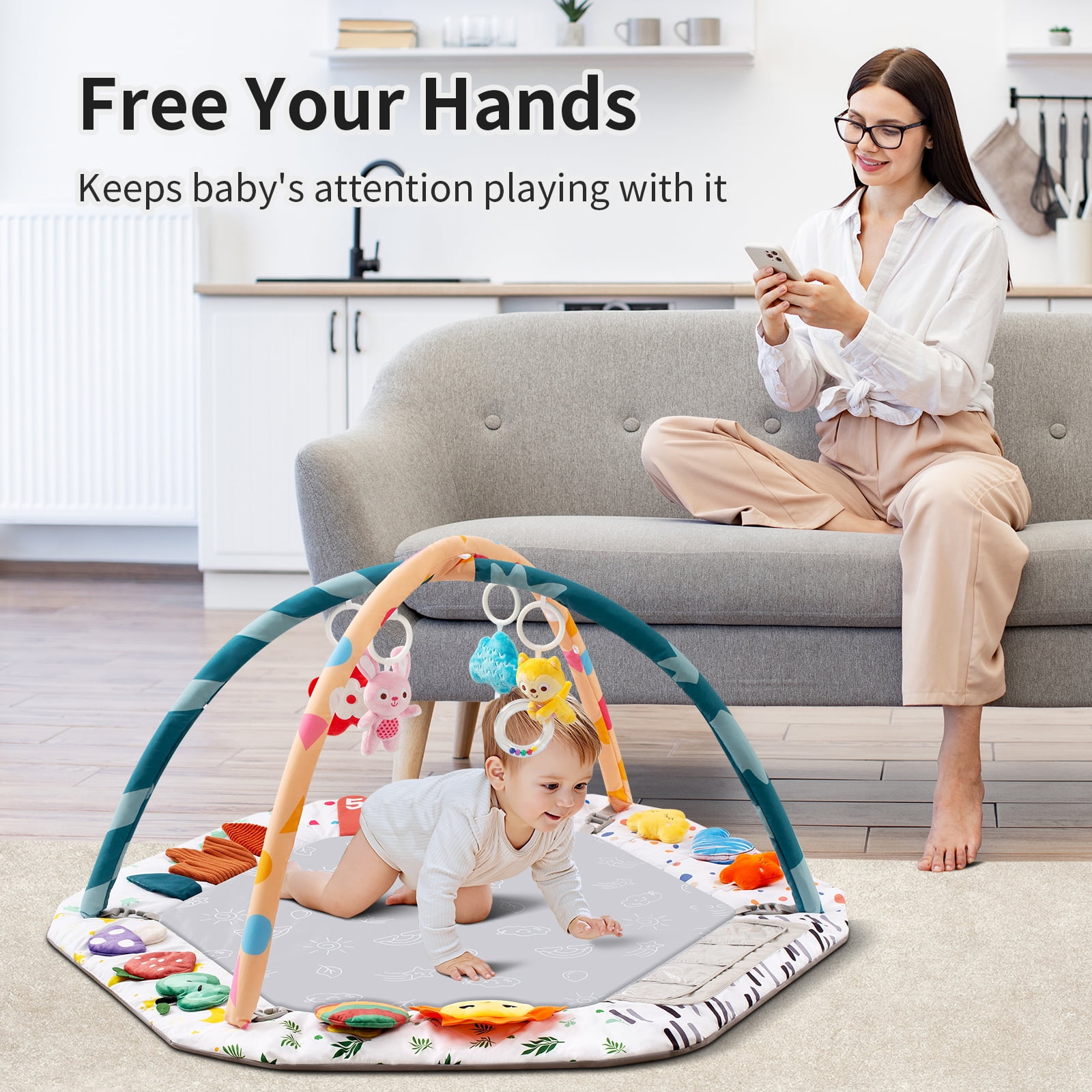 Multifunctional Baby Play Gym Mat with Sensory Toys Tummy Time Mirror Large Activity Center for Newborn 0-18 Months Infant Gift