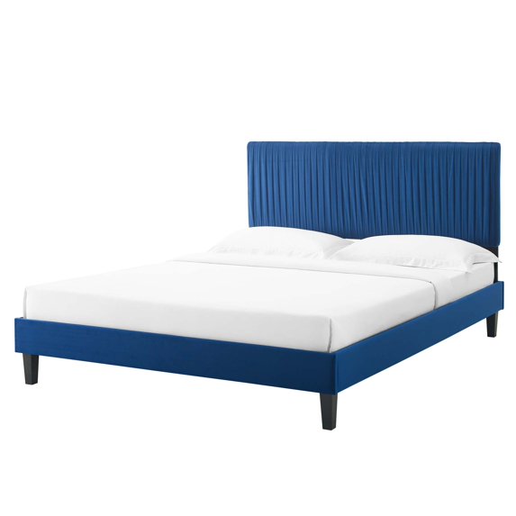 Platform Bed Frame, Full Size, Velvet, Blue Navy, Modern Contemporary Urban Design, Bedroom Master Guest Suite