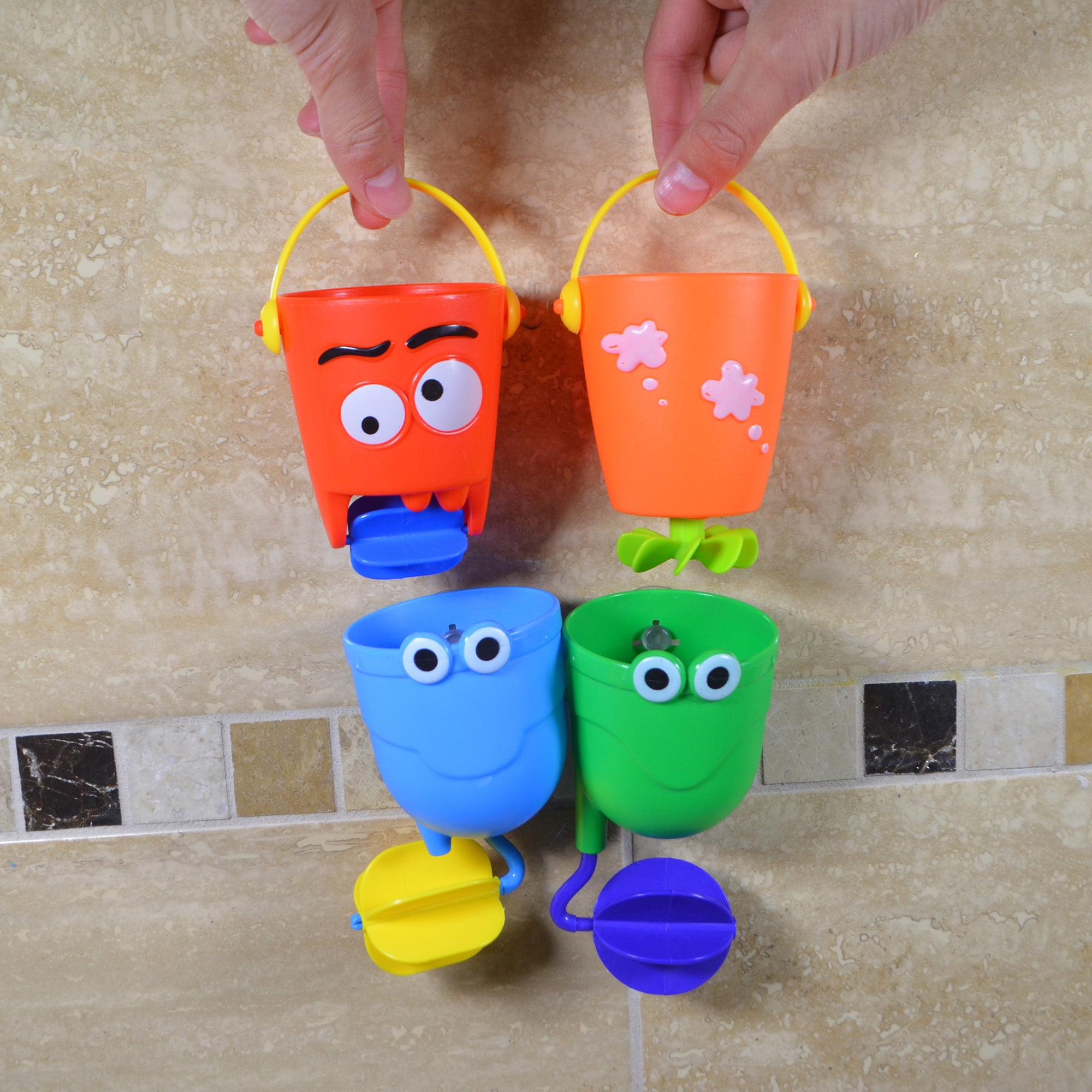 Buddy & Barney: Bath Time - Pour 'n Splash - 4 Colorful Character Water Bucket Toys, Pour-Tip-Spin, Interactive Sensory Exploration Tub Play, Kids 3+