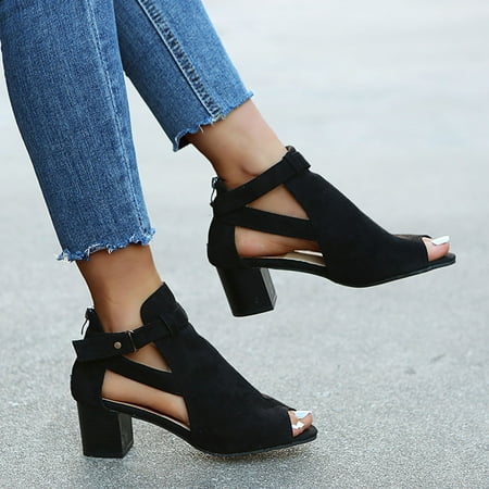 

Dpityserensio Summer Fish Mouth High Heel Roman Shoes Large Thick Heel Buckle Women s Sandals Summer Women Sandals Clearance Black 6.5(38)