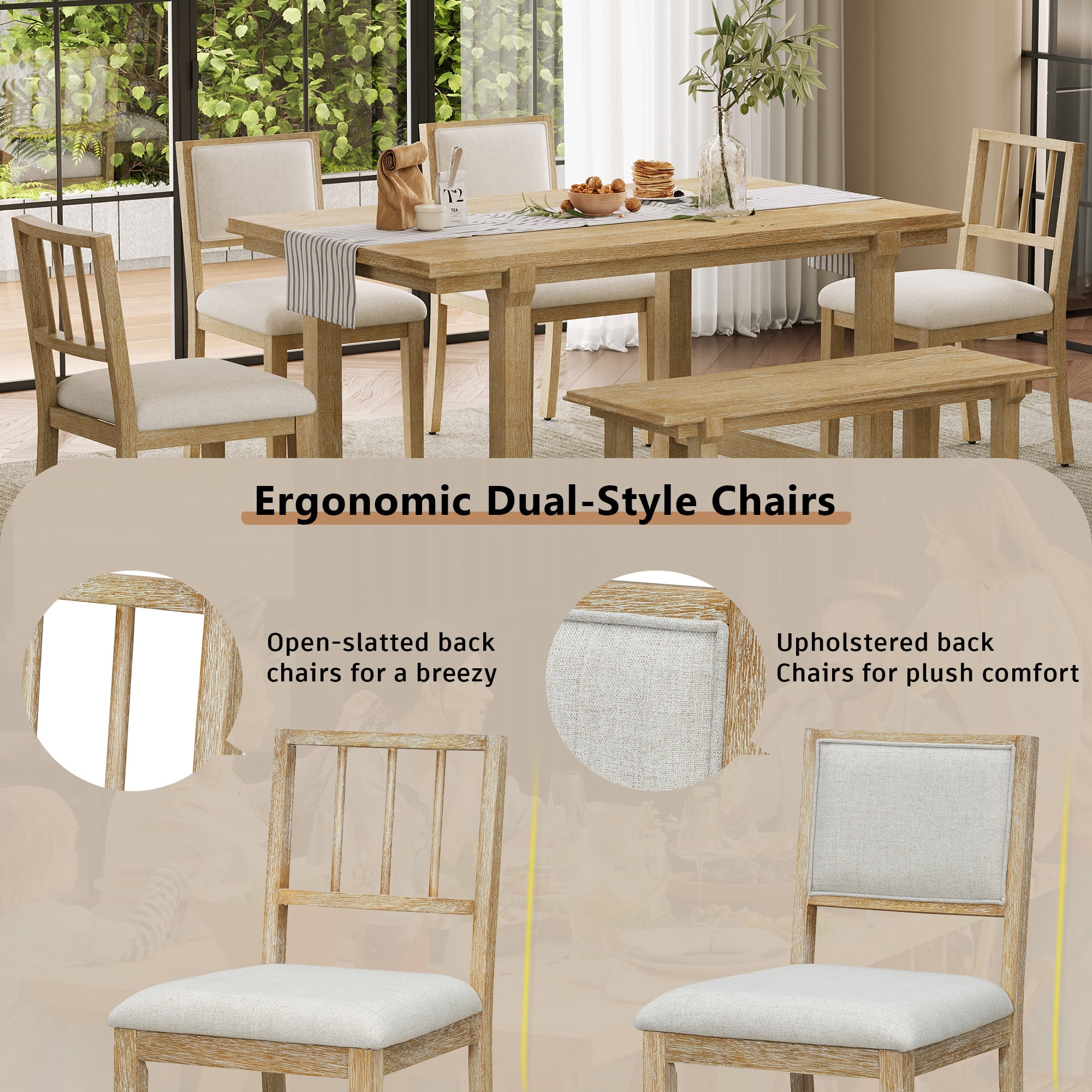 Euroco 6-Piece Farmhouse Dining Table Set for 6, 59.8" Space Saving Kitchen Table & Chairs Set with Wood Frame,Ideal for Kitchen & Dining Room, Restaurant,Natural