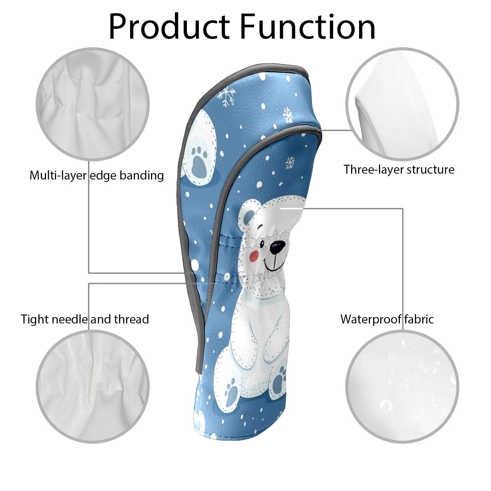 Golf Club Head Covers - White Bear Design, PU Leather, Waterproof, Fits Fairway Woods/Hybrid, Unisex, Fits Most Brands