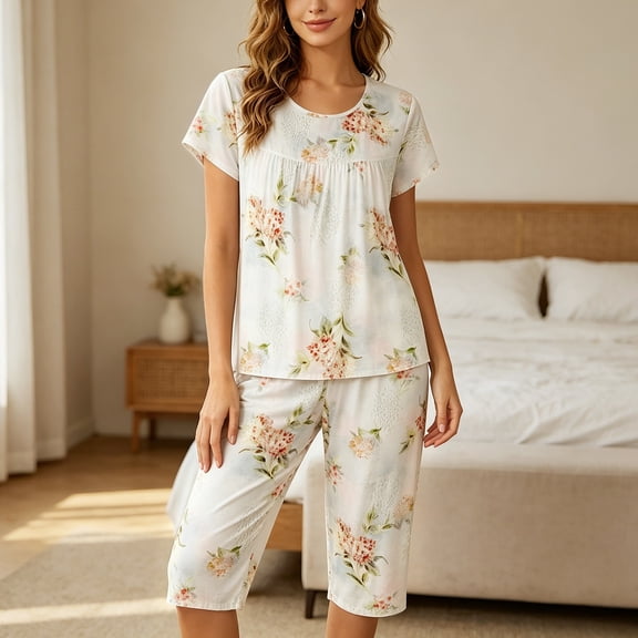 Gunia Womens Capri Pajama Sets Floral Print Pajama Short Sleeve Top And Cropped Pants Summer Soft Comfy Nightwear Outfit Women'S Pajama Sets Sleepwear Pjs L-2Xl