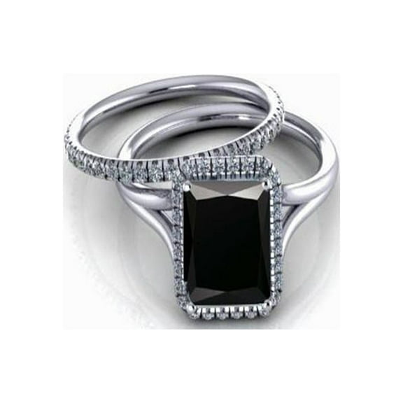 2.00 carat Emerald Cut Black Diamond & White Diamond Halo Bridal Set in 10k White Gold