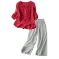 thumbnail image 3 of Women's Casual Solid Color Cotton Linen Embroidered Pants Suit Set, 3 of 8