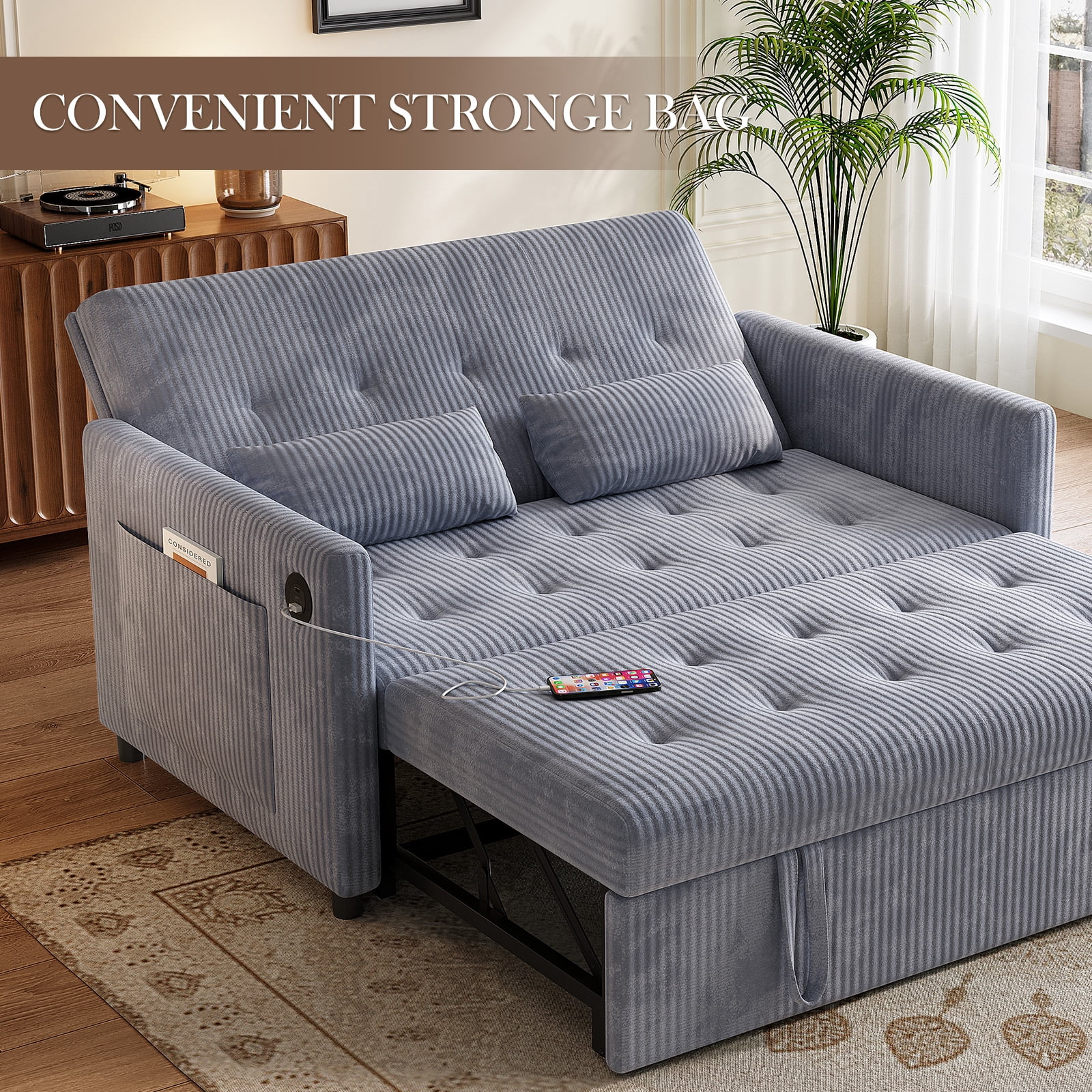 53" Corduroy 3-in-1 Convertible Loveseat Sofa Bed with Pull-Out Sleeper, Adjustable Backrest, USB & Type-C Ports, Storage Pockets, Small Space 2-Seater Couch for Living Room, Bedroom, Apartment, Gray