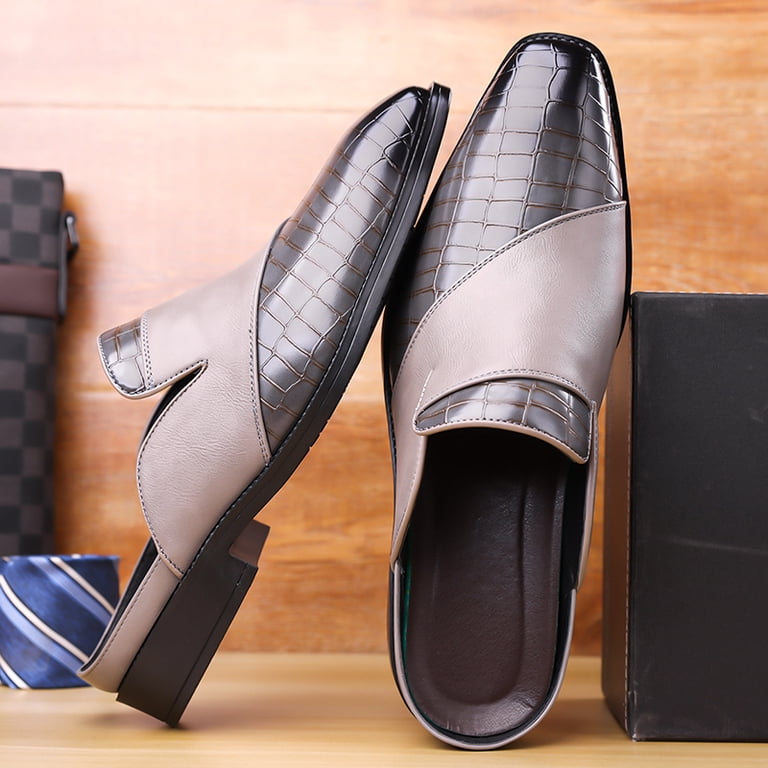 mens open back dress shoes Men's Two-Tone Brown Croc Embossed Backless Mule Loafers, Slip On Formal Casual Leather Slide Shoes, Non-Slip Low Block Heel Wedding Office Footwear