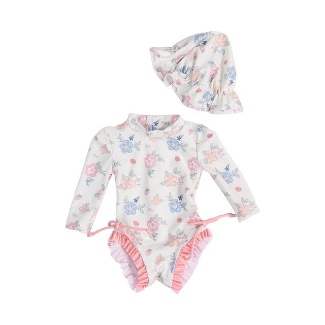 Toddler Baby Girl Swimsuit One-Piece Long Sleeve Ruffle Floral Print Rash Guard Zipper Bathing Suit