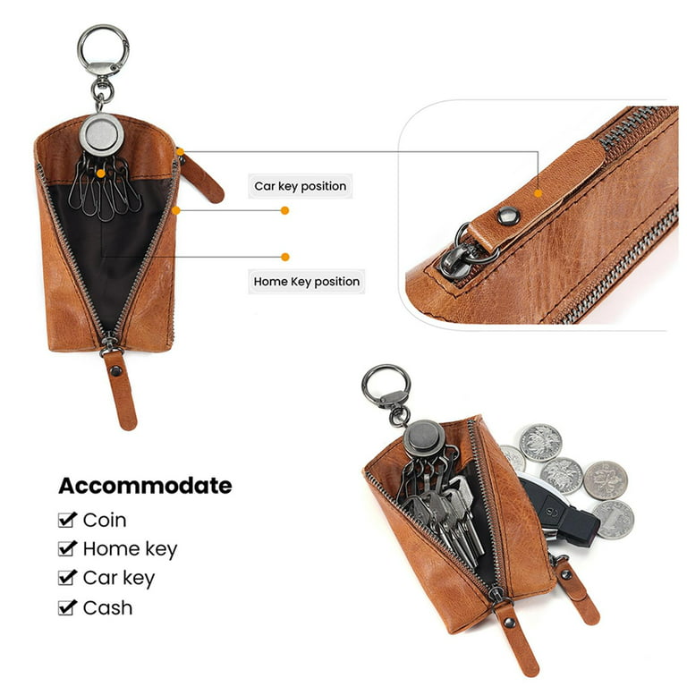 Zippered Car Key Case Waist Bag Genuine Leather Keys Belt Pouch