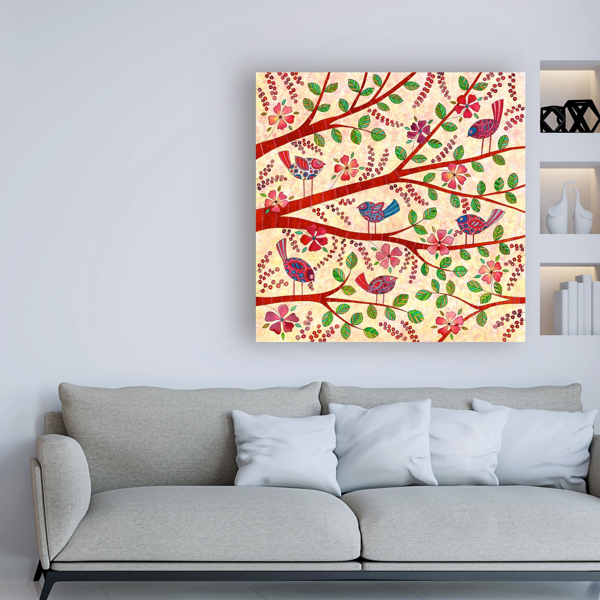 Trademark Fine Art 'Birds on Branches Red' Canvas Art by Kim Conway