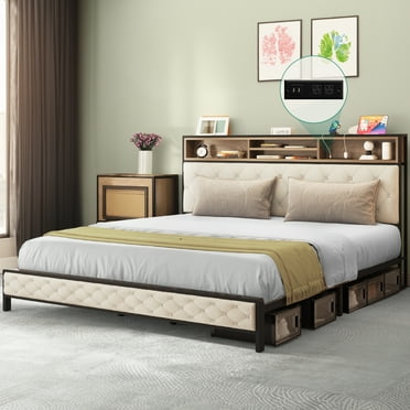 Uforic King Platform Bed Frame with Charging Station, Upholstered Headboard & Footboard, Storage Function, Requires No Box Spring for Adult