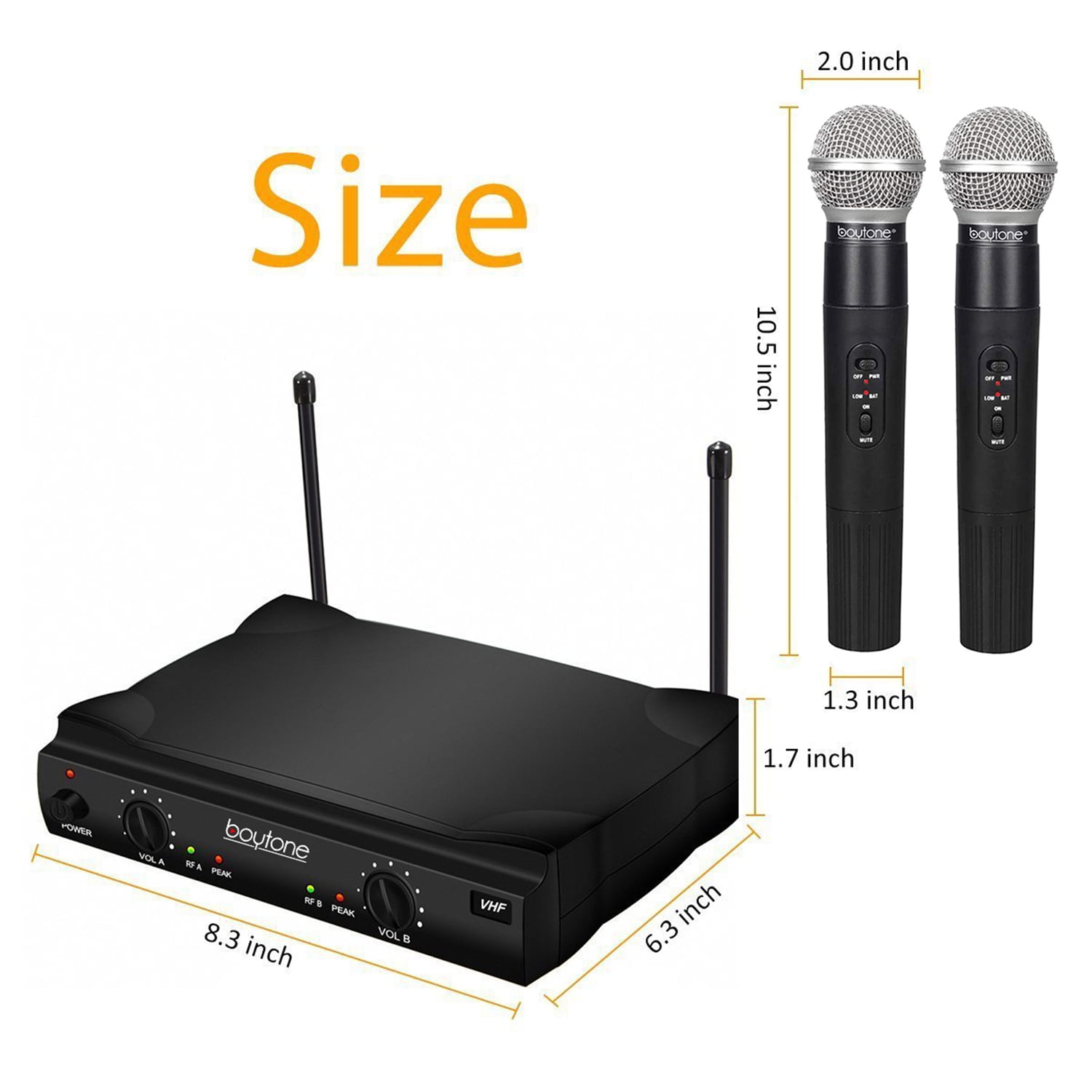 Boytone BT-42VM Dual Channel Wireless Microphone System - VHF Fixed Dual Frequency Wireless Mic Receiver, 2 Handheld Dynamic Transmitter Mics, for Karaoke, DJ, Church, Conference, Carrying Cases
