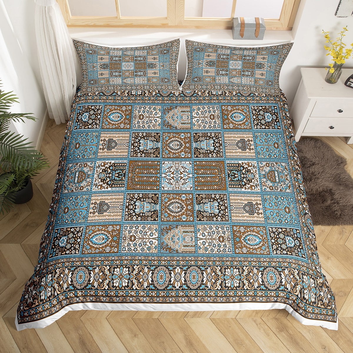 YST Oriental Comforter Cover Vintage Patchwork Bed Set, Brown Persian