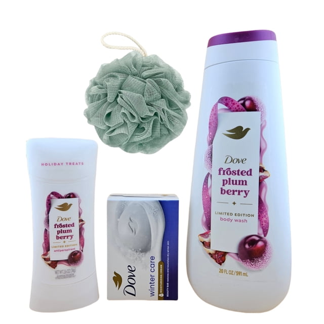 Dove Frosted Plum Berry Body Wash- 20 fl oz, Antiperspirant Deodorant 2.6 oz, With Dove Winter Care Bar Soap and Loofah