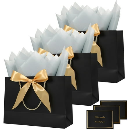 sixwipe 3 Pcs Elegant Gift Bags Gift Boxes, Black and Gold Present Bags with Ribbon, Tissue Paper and Card, Reusable Pouches for Birthday, Christmas, and Small Business Essentials
