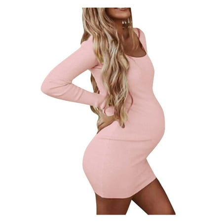 

Akklian Maternity Dress Womens Long Sleeve Round Neck Pregnancy Dress Plain Bodycon Midi Dress Summer Savings Clearance