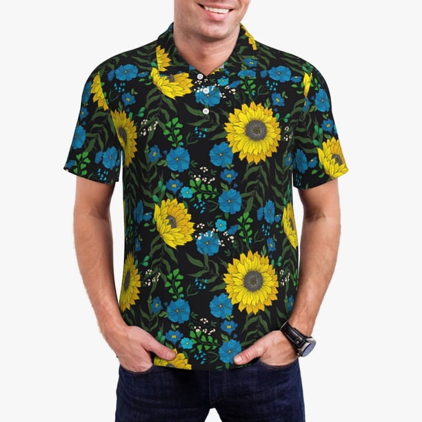 Fotbe Sunflowers And Blue Flower Camiseta Polo de Golf para Hombre con Estampado – Camisa Deportiva Transpirable con Cuello Abotonado-X-Large