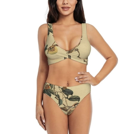 Zeuib Vintage Bird High Waisted Tummy Control Bikini Set - Knot Front Push Up Top & Cheeky Thong Bottom  Two-Piece Swimsuit for Women-XX-Large