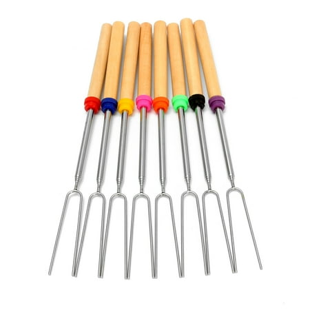 Hot Dog Skewers 8Pcs Marshmallow Roasting Sticks Telescopic Roasting 12.2 -32.28 with Wooden Handle for BBQ Barbecue Skewers Hot Dog Fork Patio Fire Pit Camping Cookware ()