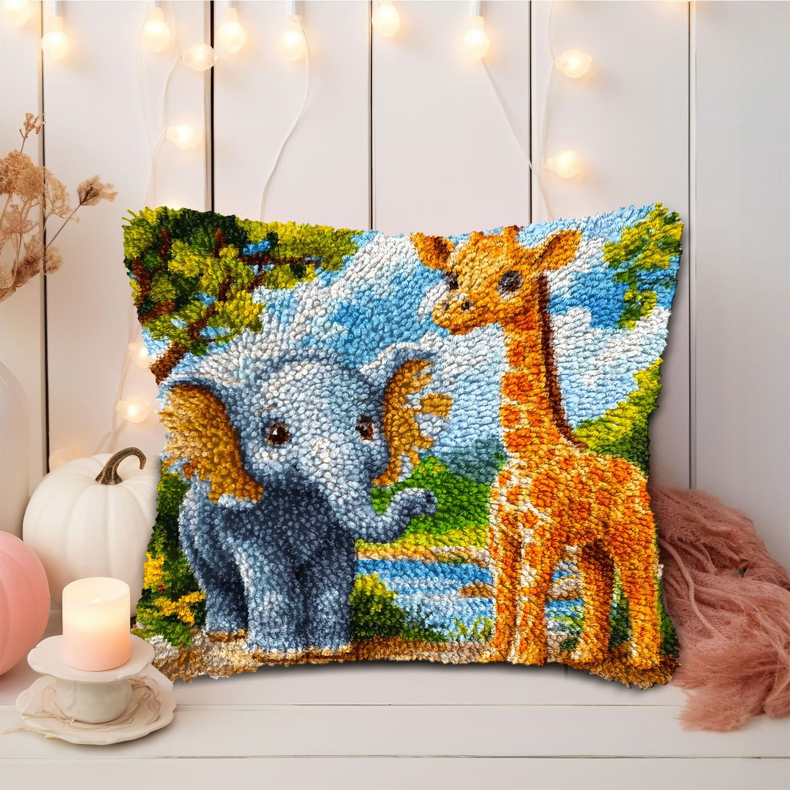DIY Latch Hook Pillow Kits Cute Elephant and Giraffe Printed Pillowcase Crochet Yarns Hooking Handmade Pillow Cover Cushion for Home Sofa Decoration 17x17inch-1